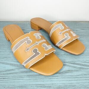Tory Burch Leather Stitched Logo Slide Heeled Sandal Cognac Brown 9
